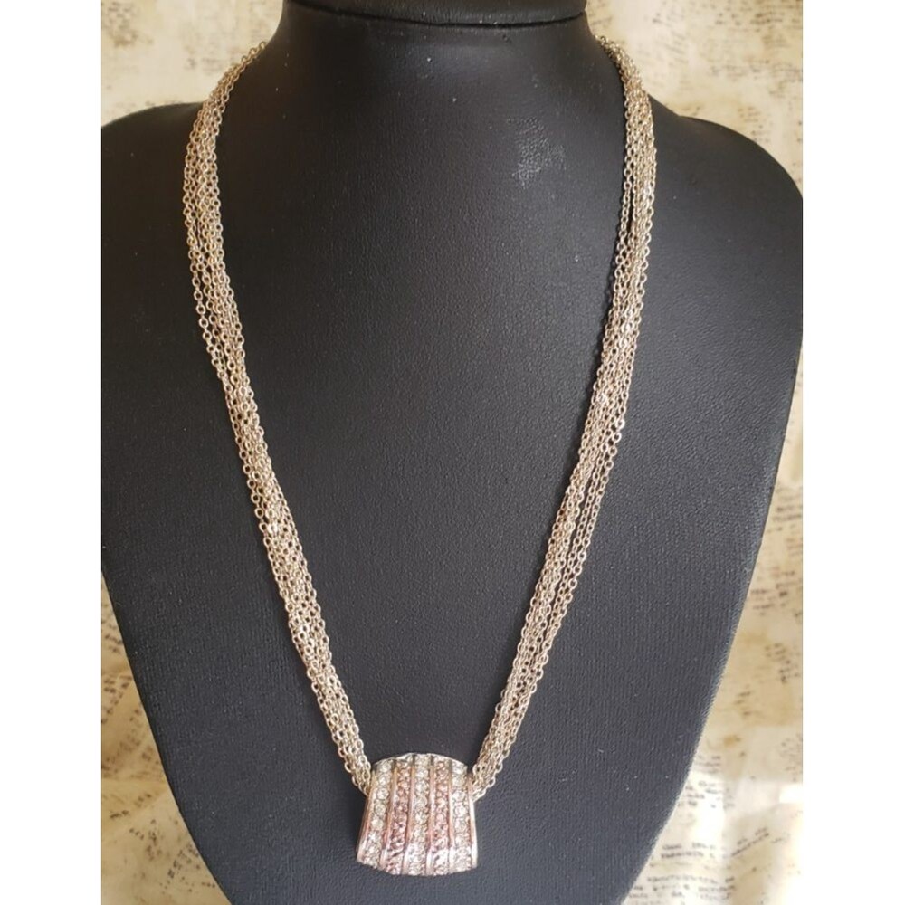 Silver Tone Multi-Strand Necklace with Sparkly Barrel Pendant - Elegant, Classy